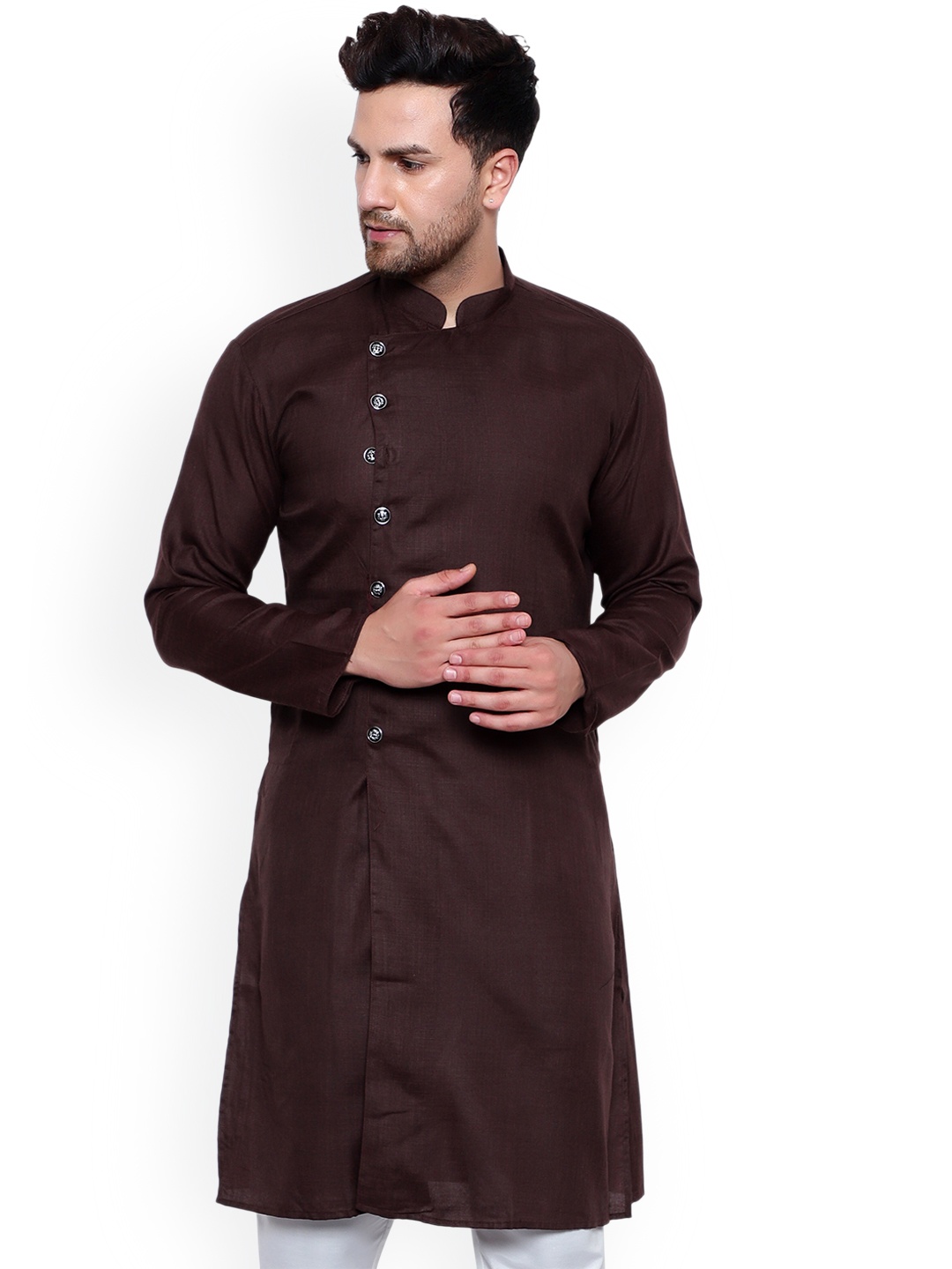 

ONNIX Mandarin Collar Pure Cotton Straight Kurta, Brown