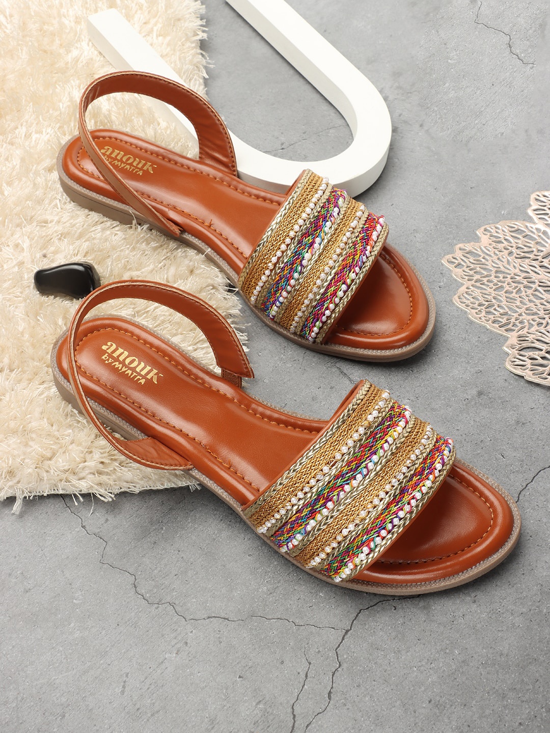 

Anouk Tan Brown And Gold-Toned Embellished Lightweight Open Toe Flats