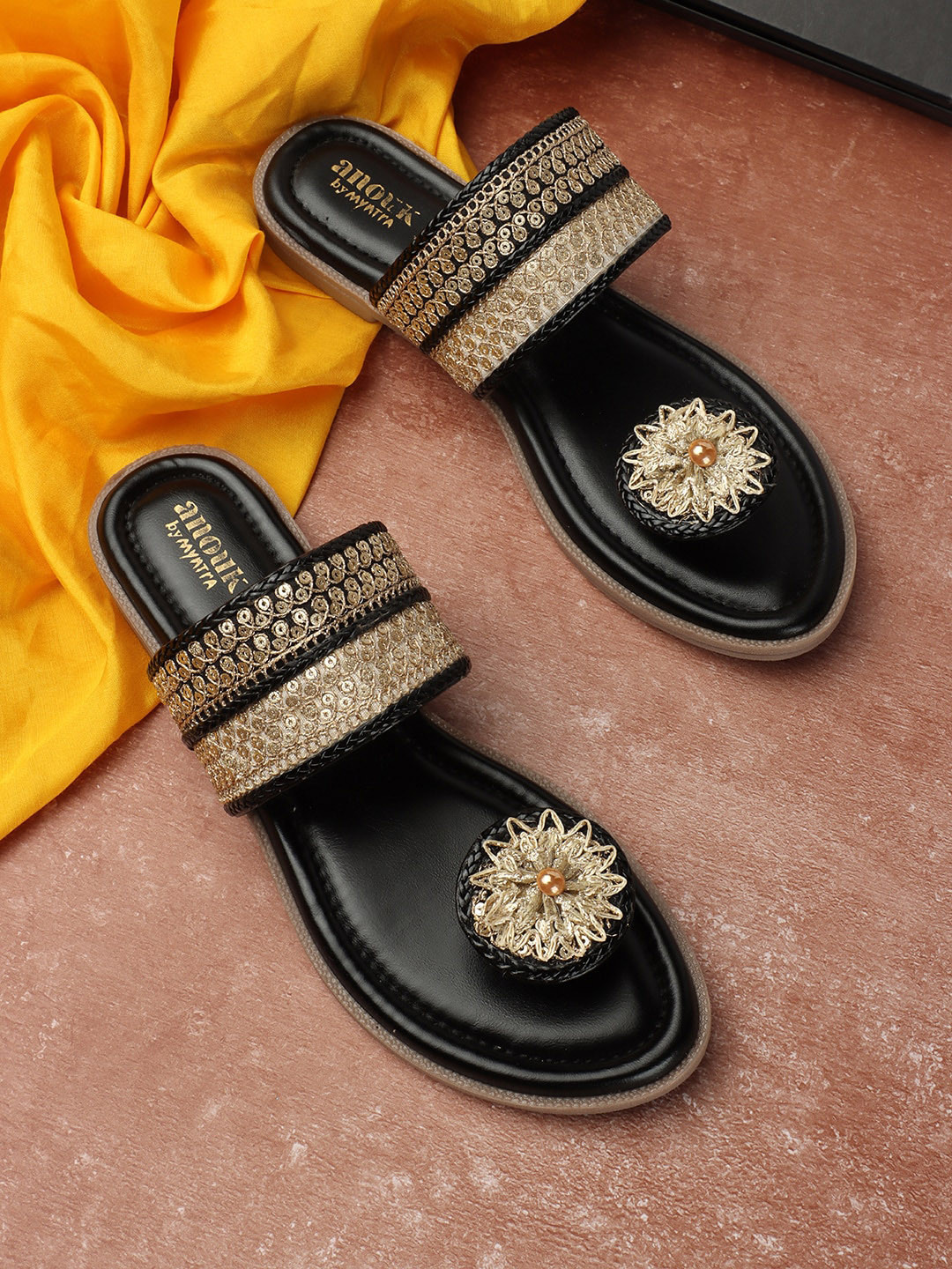 

Anouk Black And Gold-Toned Embellished One Toe Flats