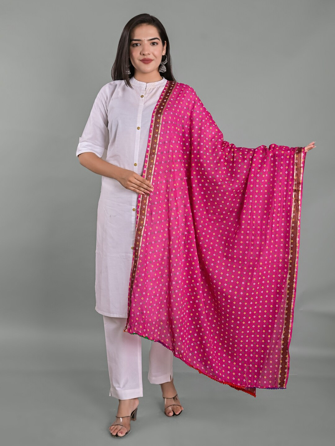 

Apratim Printed Bandhani Cotton Dupatta, Pink