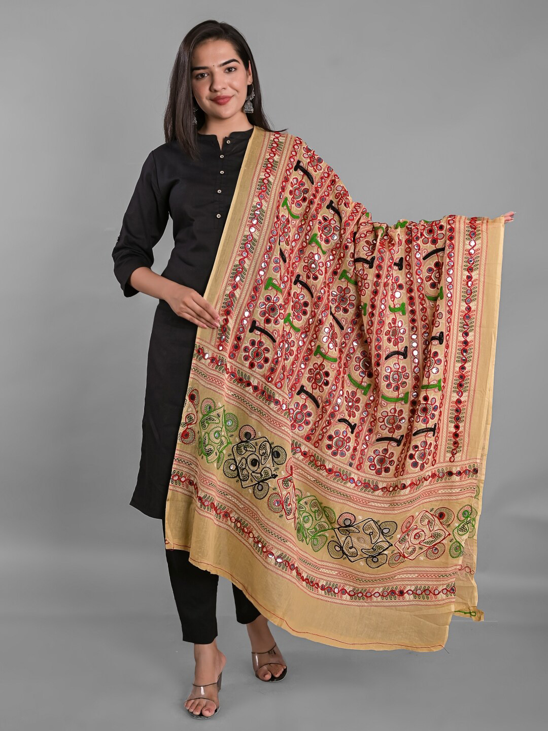 

Apratim Ethnic Motifs Embroidered Dupatta With Mirror Work, Beige