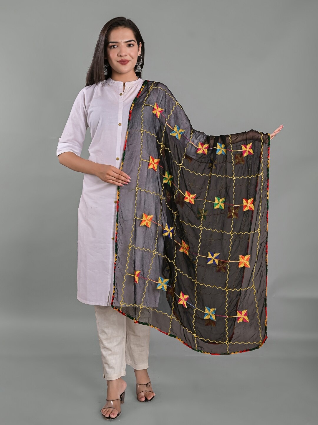 

Apratim Ethnic Motifs Embroidered Chiffon Dupatta with Phulkari, Black
