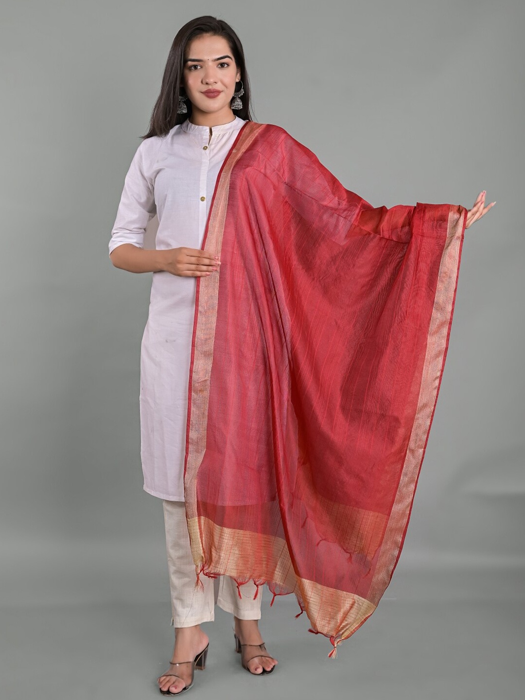 

Apratim Striped Zari Dupatta, Red
