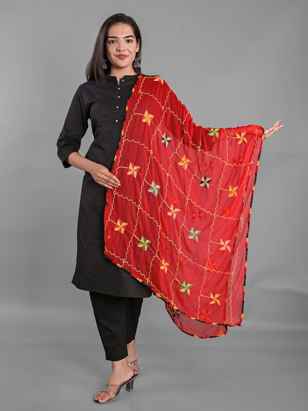 

Apratim Ethnic Motifs Embroidered Dupatta With Phulkari, Red