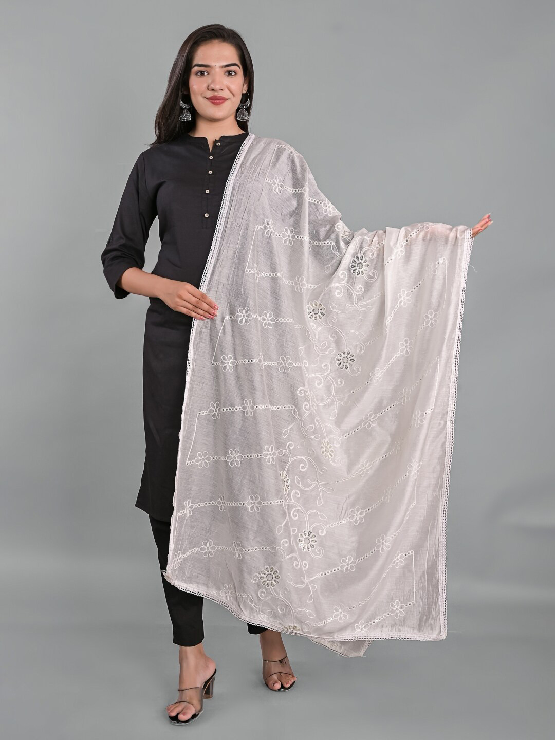 

Apratim Floral Embroidered Cotton Dupatta With Sequinned, White