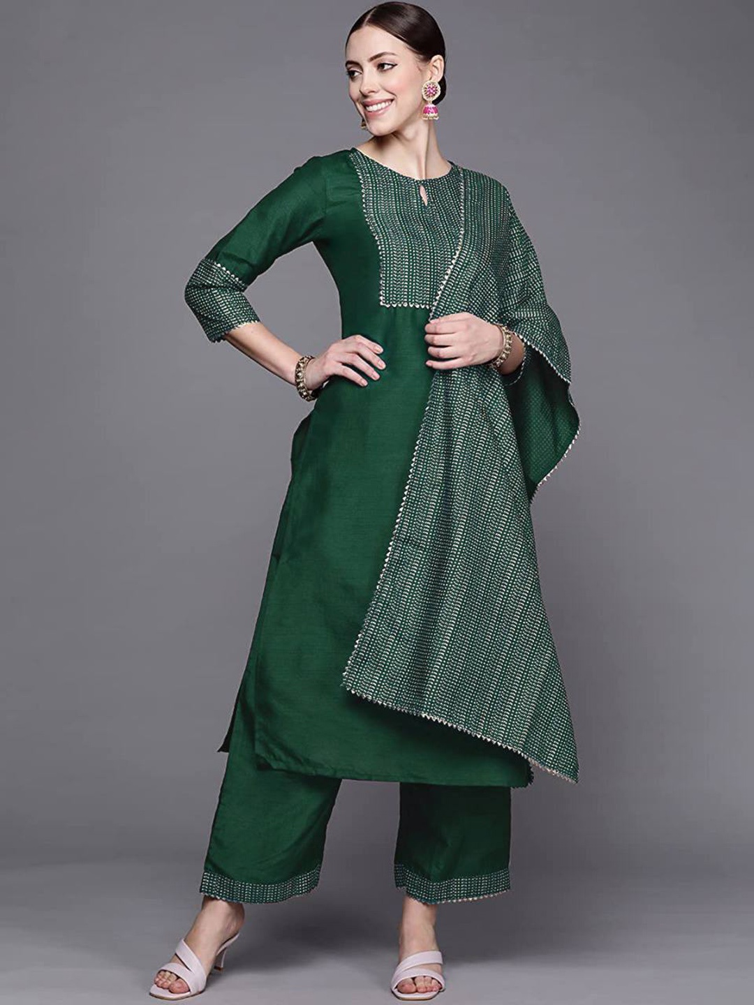 

FAVRIZ Printed Gotta Patti Kurta with Palazzos & Dupatta, Green