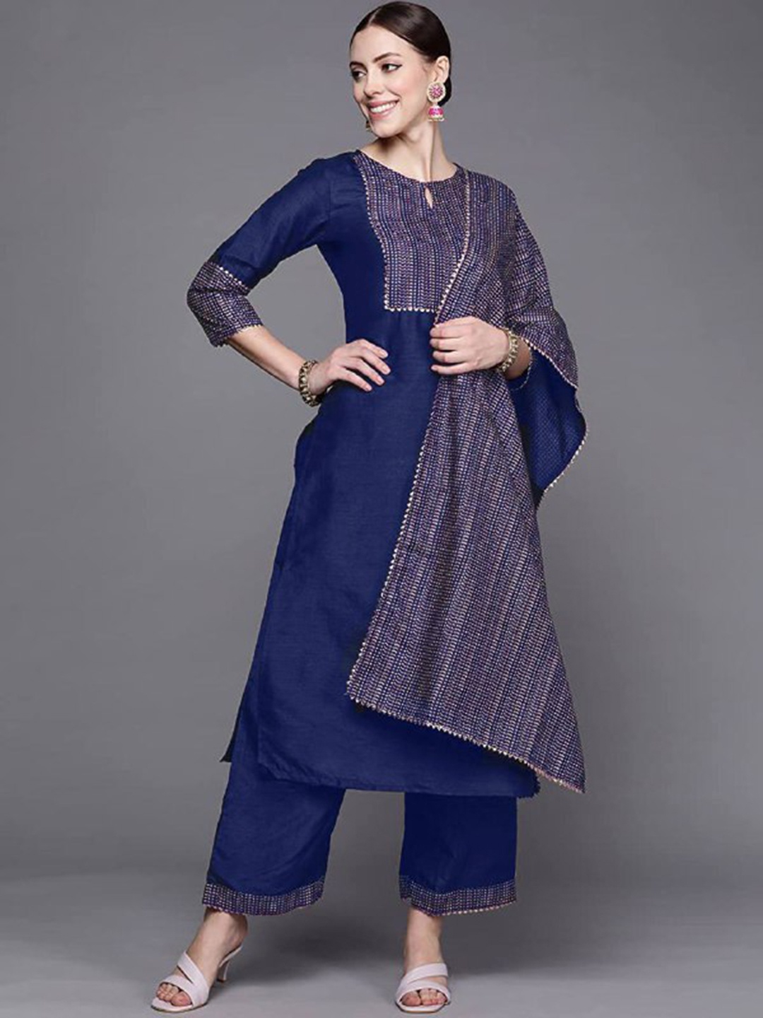 

FAVRIZ Yoke Design Gotta Patti Kurta with Palazzos & Dupatta, Blue