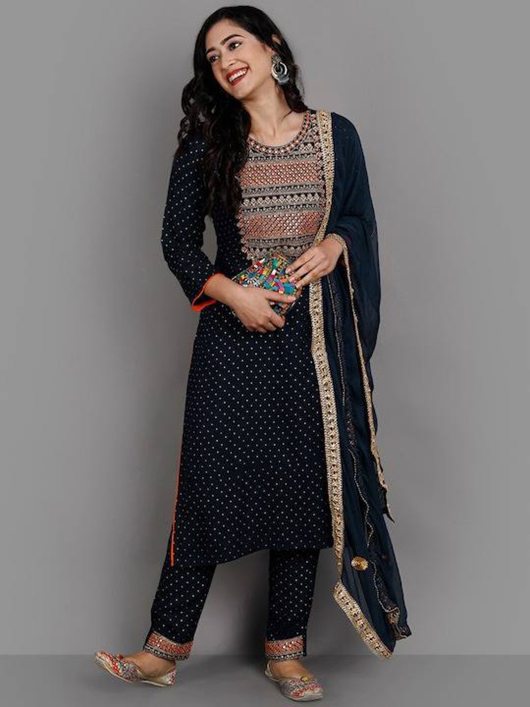 

FAVRIZ Ethnic Motifs Embroidered Straight Kurta With Pyjamas & Dupatta, Black
