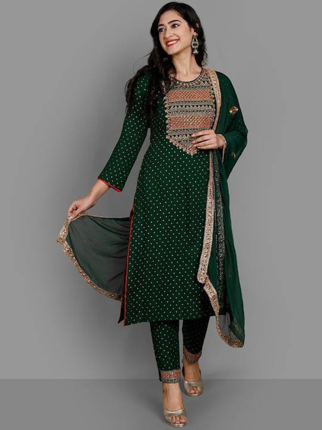 

FAVRIZ Ethnic Motifs Embroidered Gotta Patti Straight Kurta With Trousers & Dupatta, Green