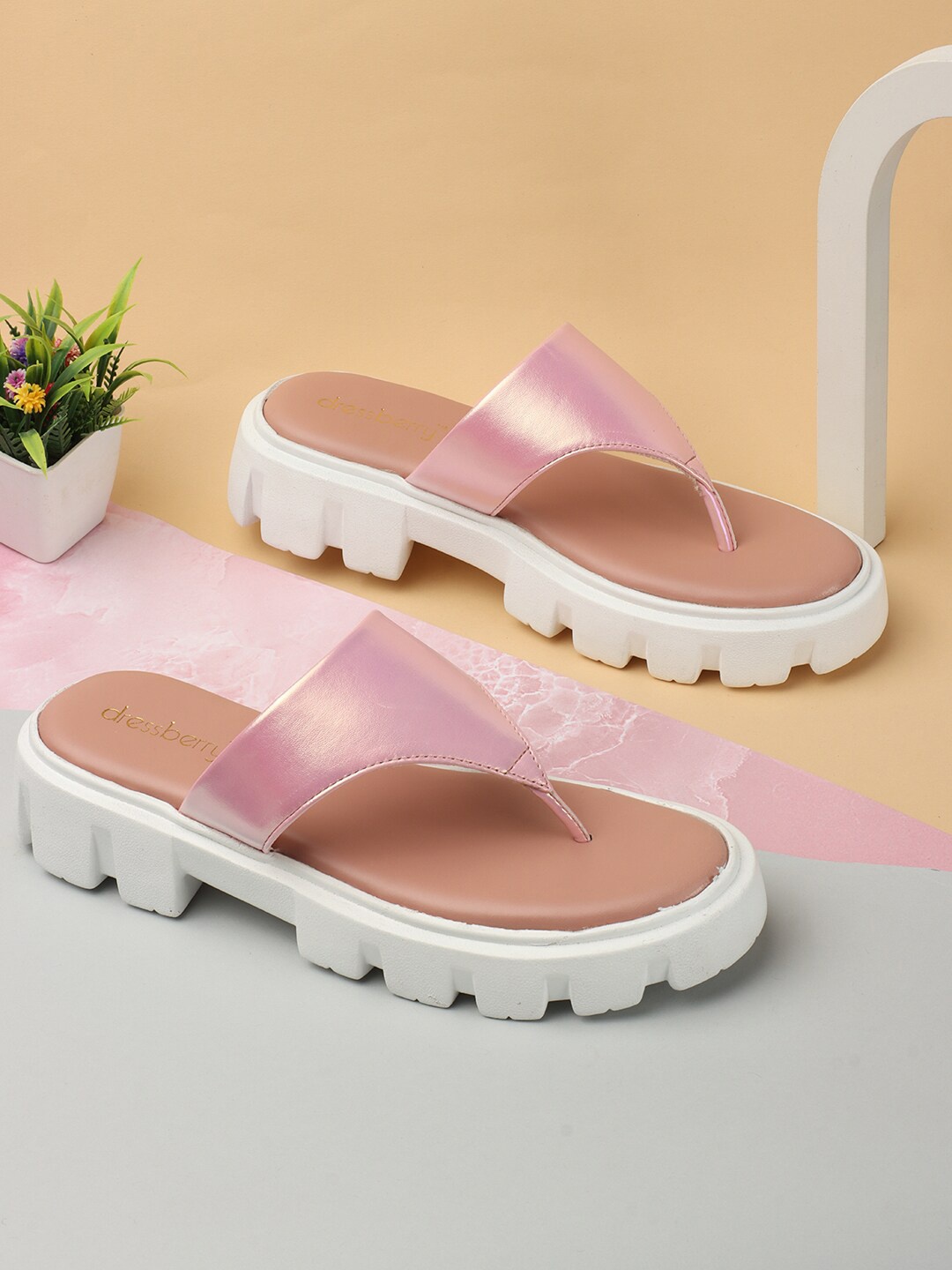 

DressBerry Pink & White Open Toe Flatform Heels