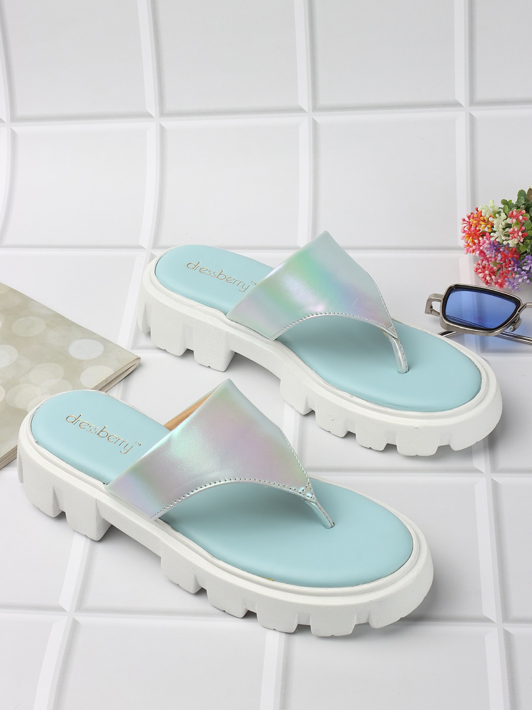

DressBerry Blue And White T-Strap Platform Heels