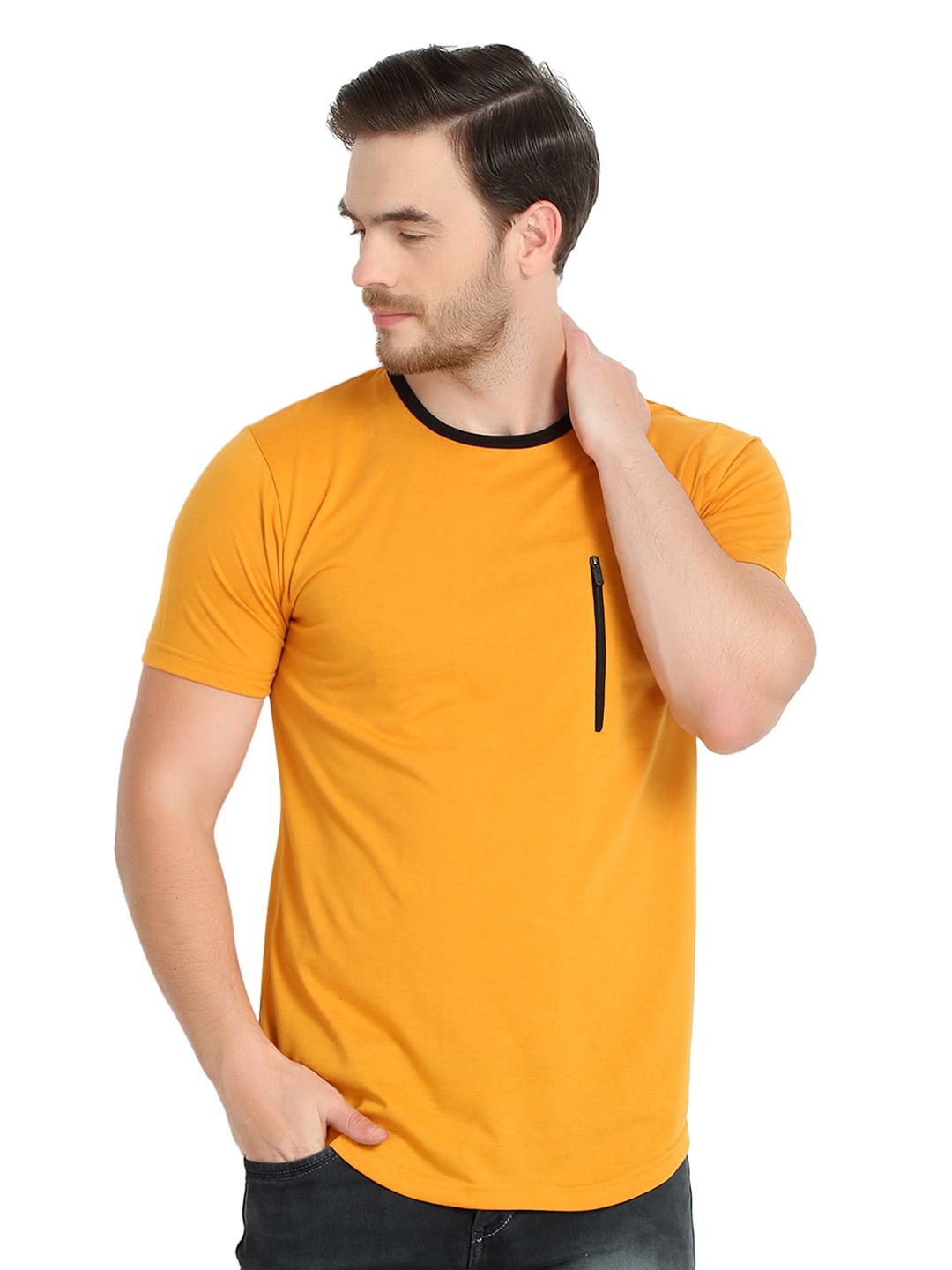 

GLITO Round Neck Cotton Knitted Pocket T-shirt, Yellow