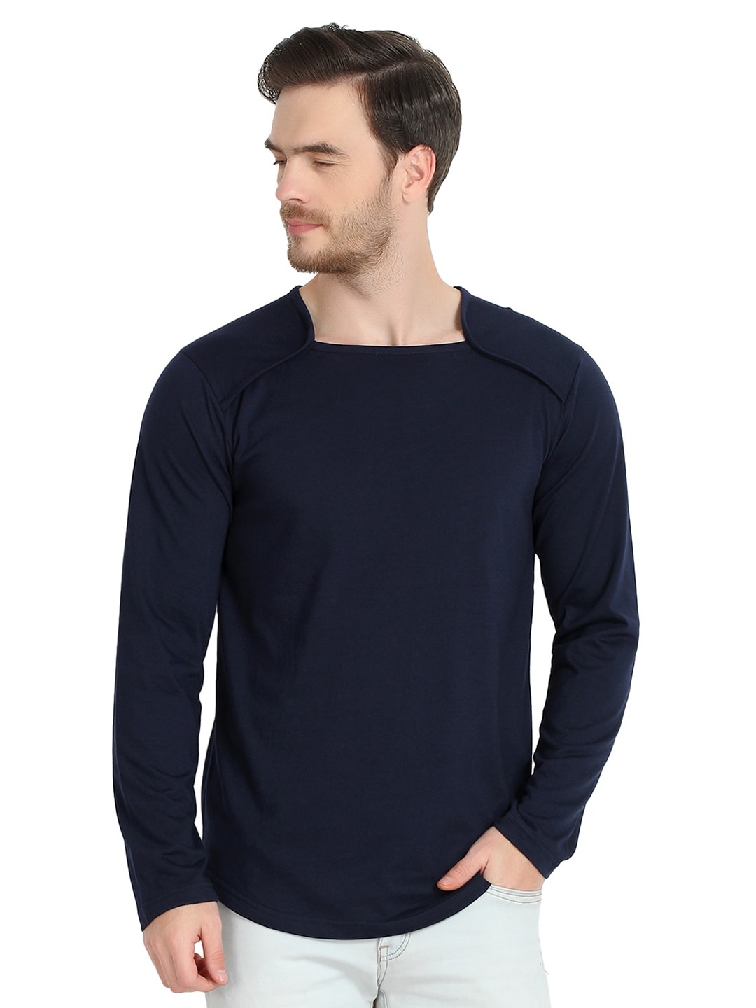 

GLITO Square Neck Cotton Knitted T-shirt, Blue