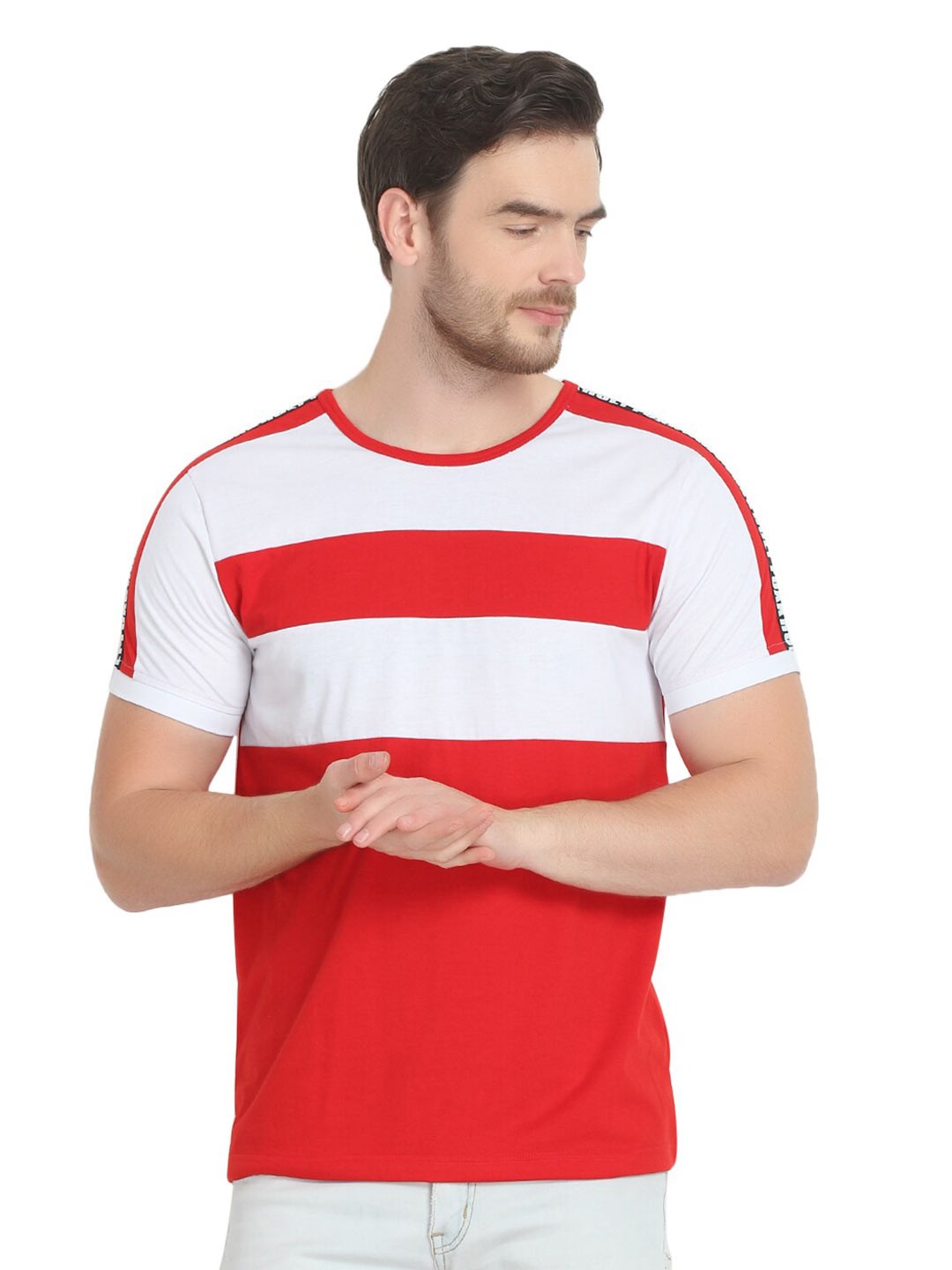 

GLITO Round Neck Striped Cotton Knitted T-shirt, White