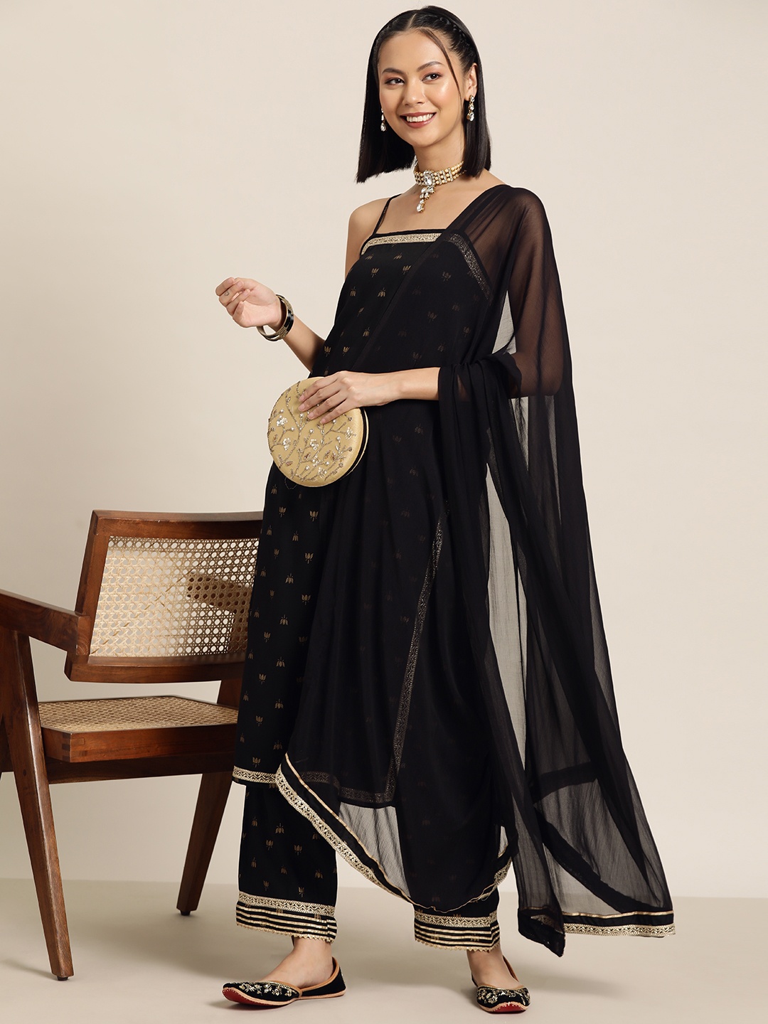 

HERE&NOW Ethnic Motifs Print Kurta with Palazzos & Dupatta, Black