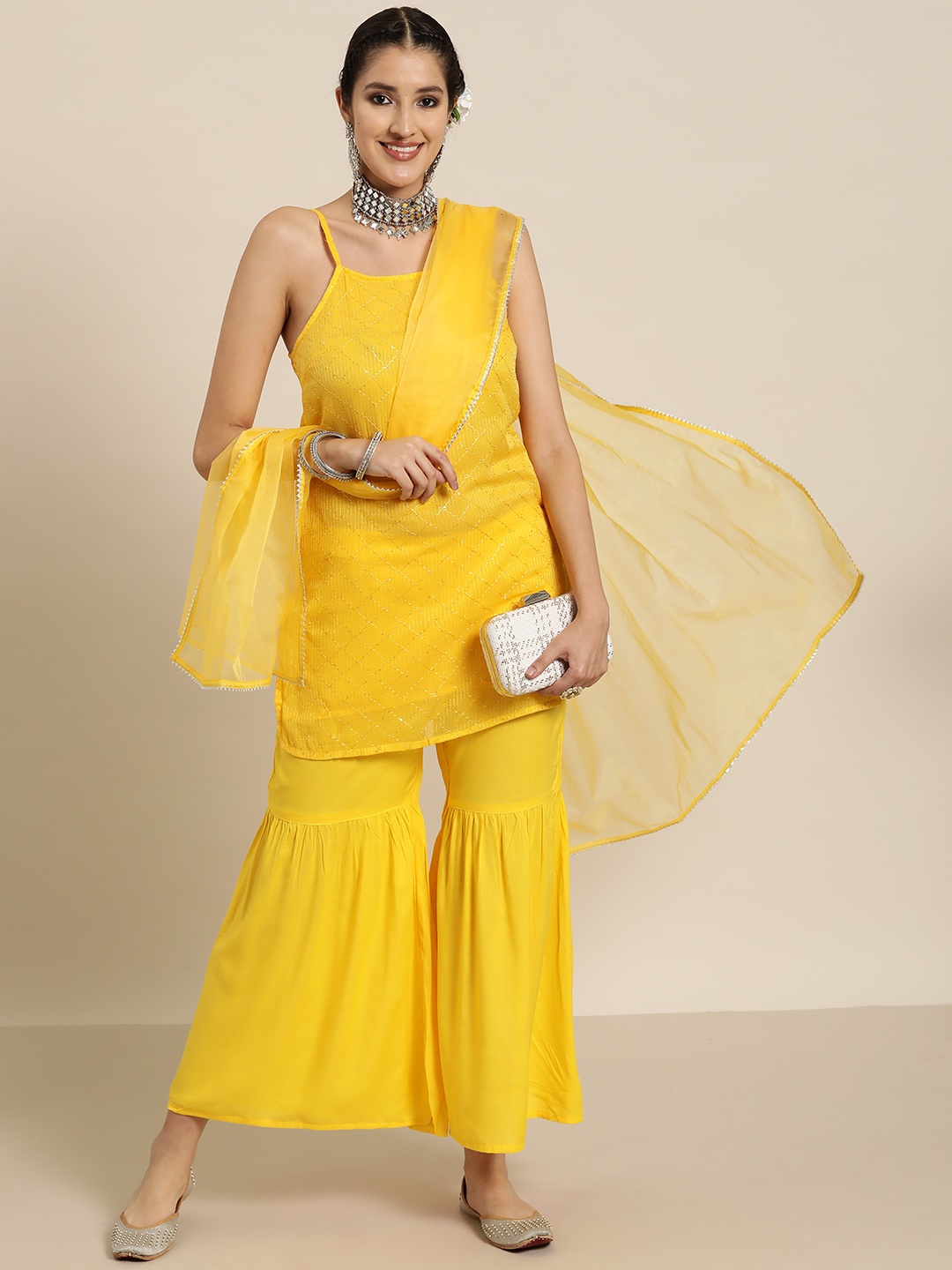 

HERE&NOW Thread Work & Sequinned Kurta with Sharara & Dupatta, Mustard