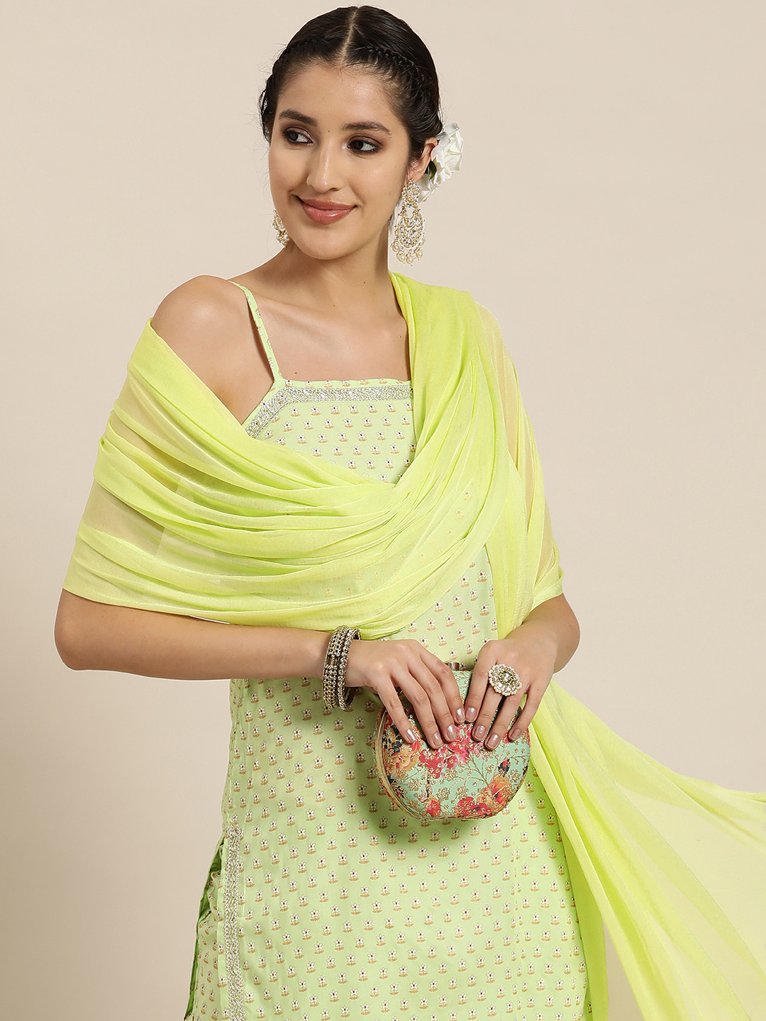 

HERE&NOW Floral Printed Gotta Patti Kurta with Palazzos & Dupatta, Green