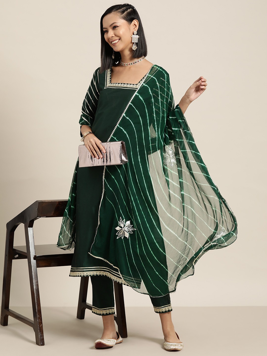 

HERE&NOW Gotta Patti Kurta with Trousers & Dupatta, Green