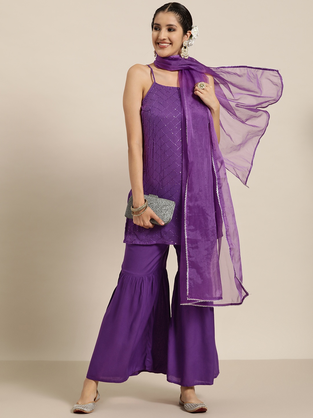 

HERE&NOW Thread Work & Sequinned Kurta with Sharara & Dupatta, Purple