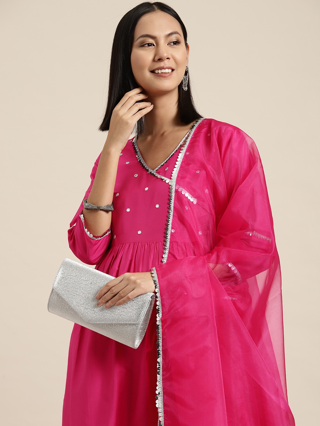 

HERE&NOW Angrakha Mirror Work Kurta With Trousers & Dupatta, Pink