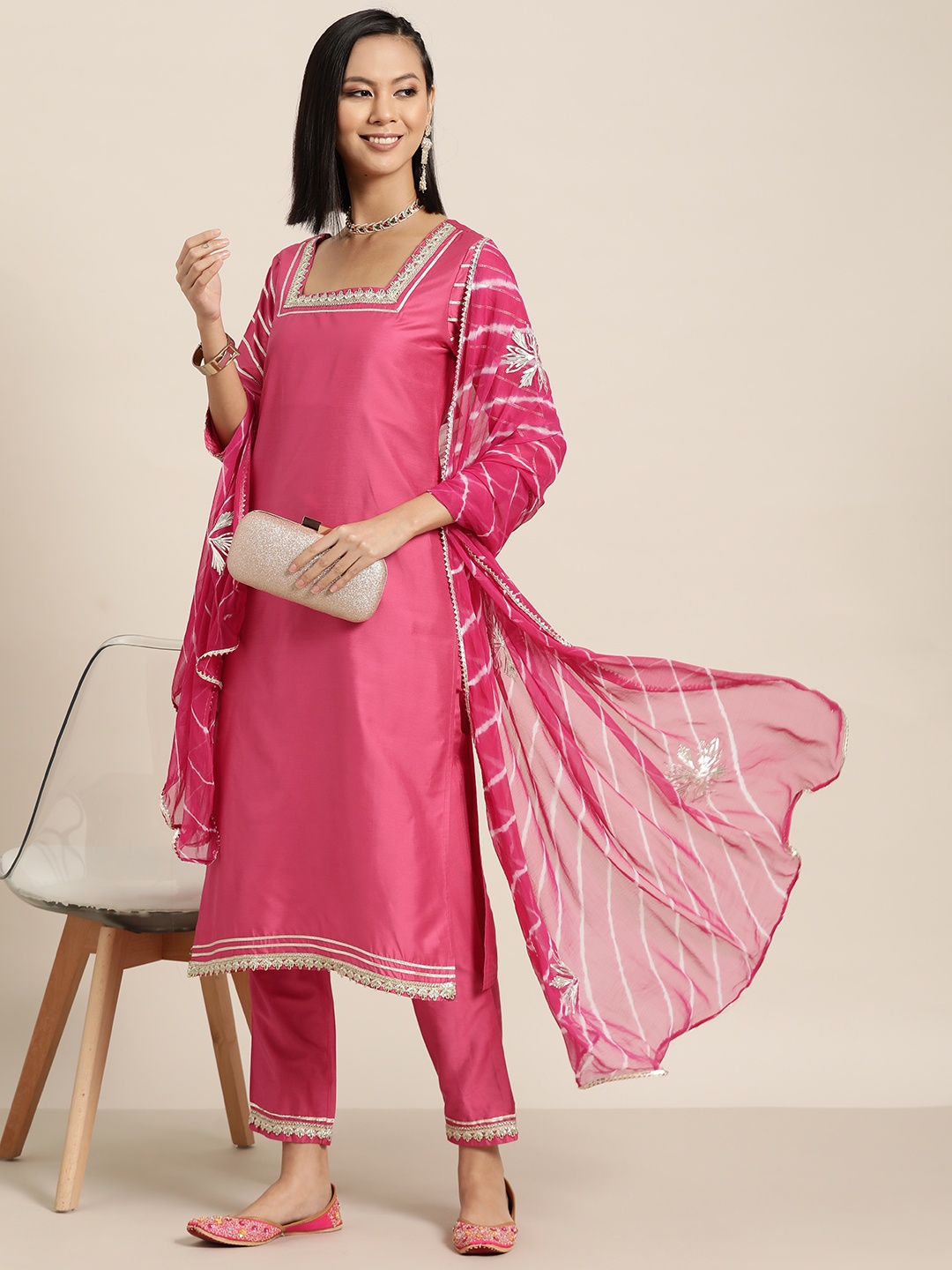 

HERE&NOW Gotta Patti Kurta with Trousers & Dupatta, Pink