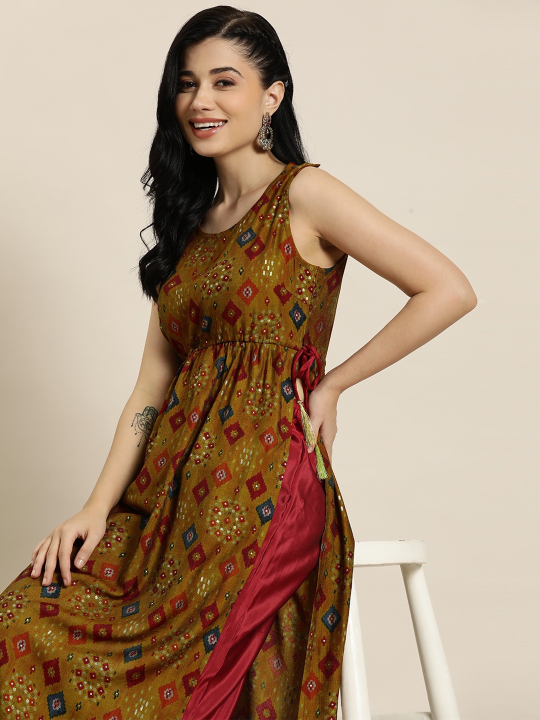 

HERE&NOW Ethnic Motifs Printed Pleated Fusion Kurta with Trousers, Mustard