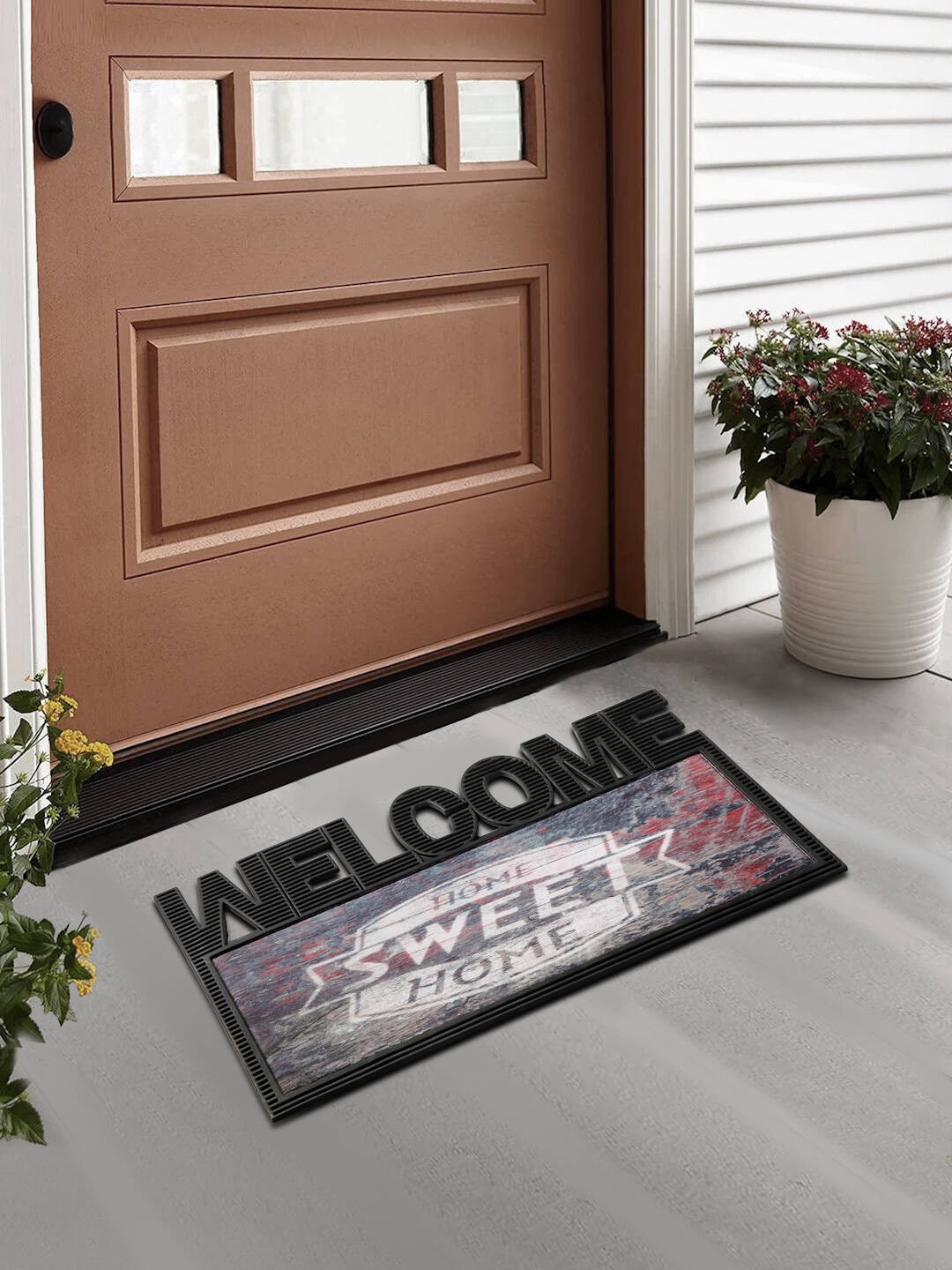 

FABINALIV Black & Red Abstract Printed Anti-Skid Doormat