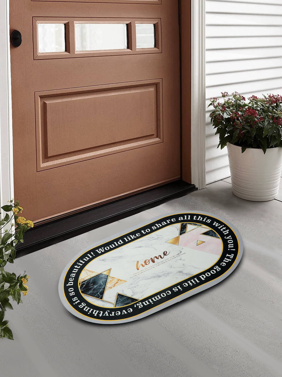 

FABINALIV Cream Colored & Black Geometric Printed Anti-Skid Rubber Door Mat