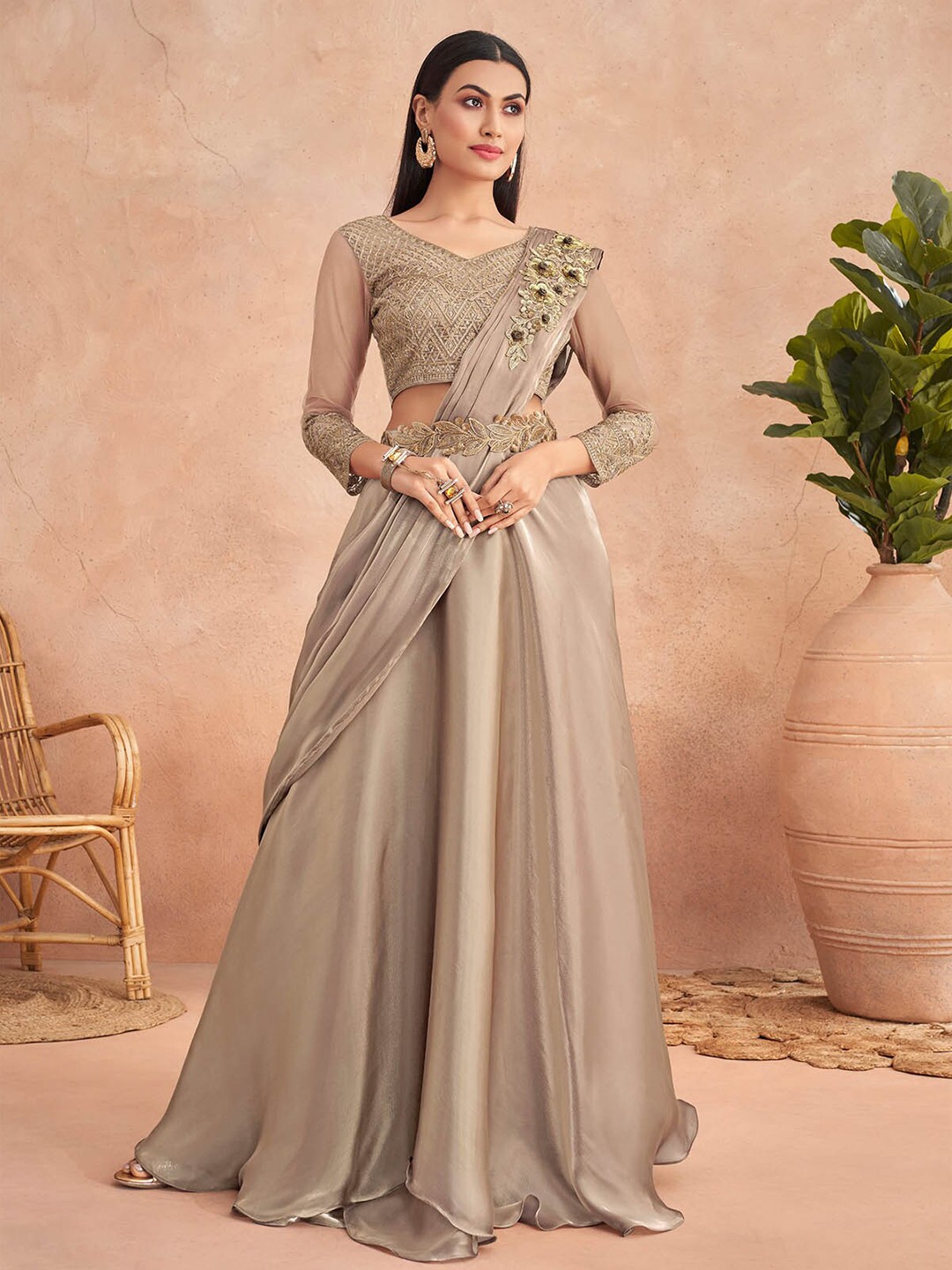 

ODETTE Embroidered Satin Ready To Wear Saree, Beige