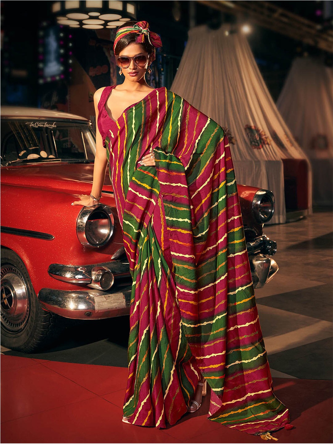

ODETTE Striped Silk Blend Saree, Maroon