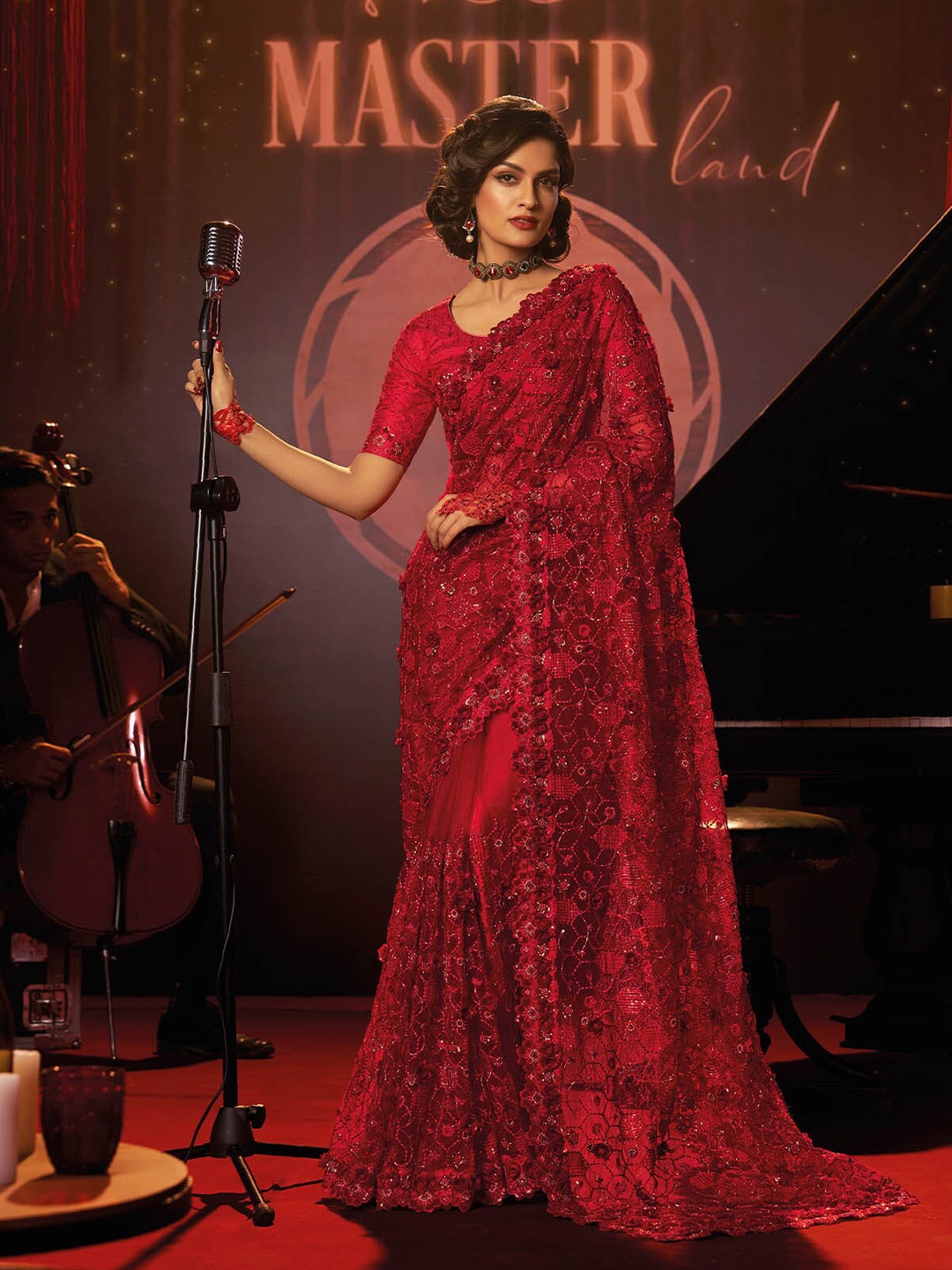 

ODETTE Ethnic Motifs Embroidered Net Saree, Red