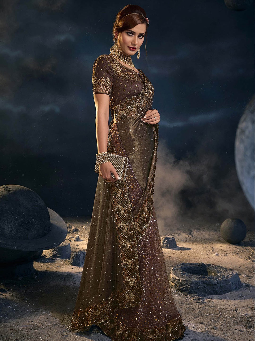 

ODETTE Sequin Embellished Net Saree, Brown