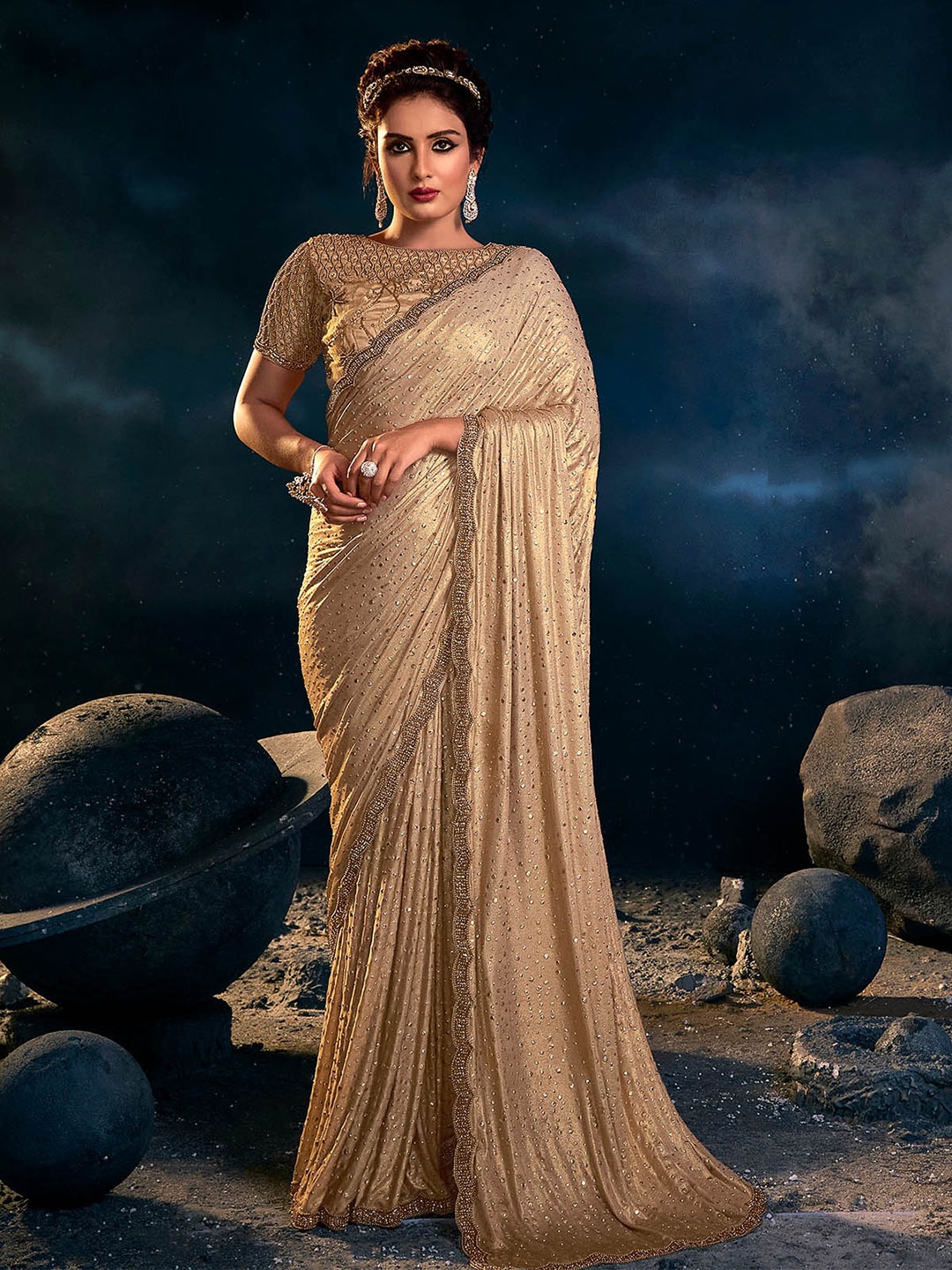 

ODETTE Embellished Beads and Stones Net Saree, Beige