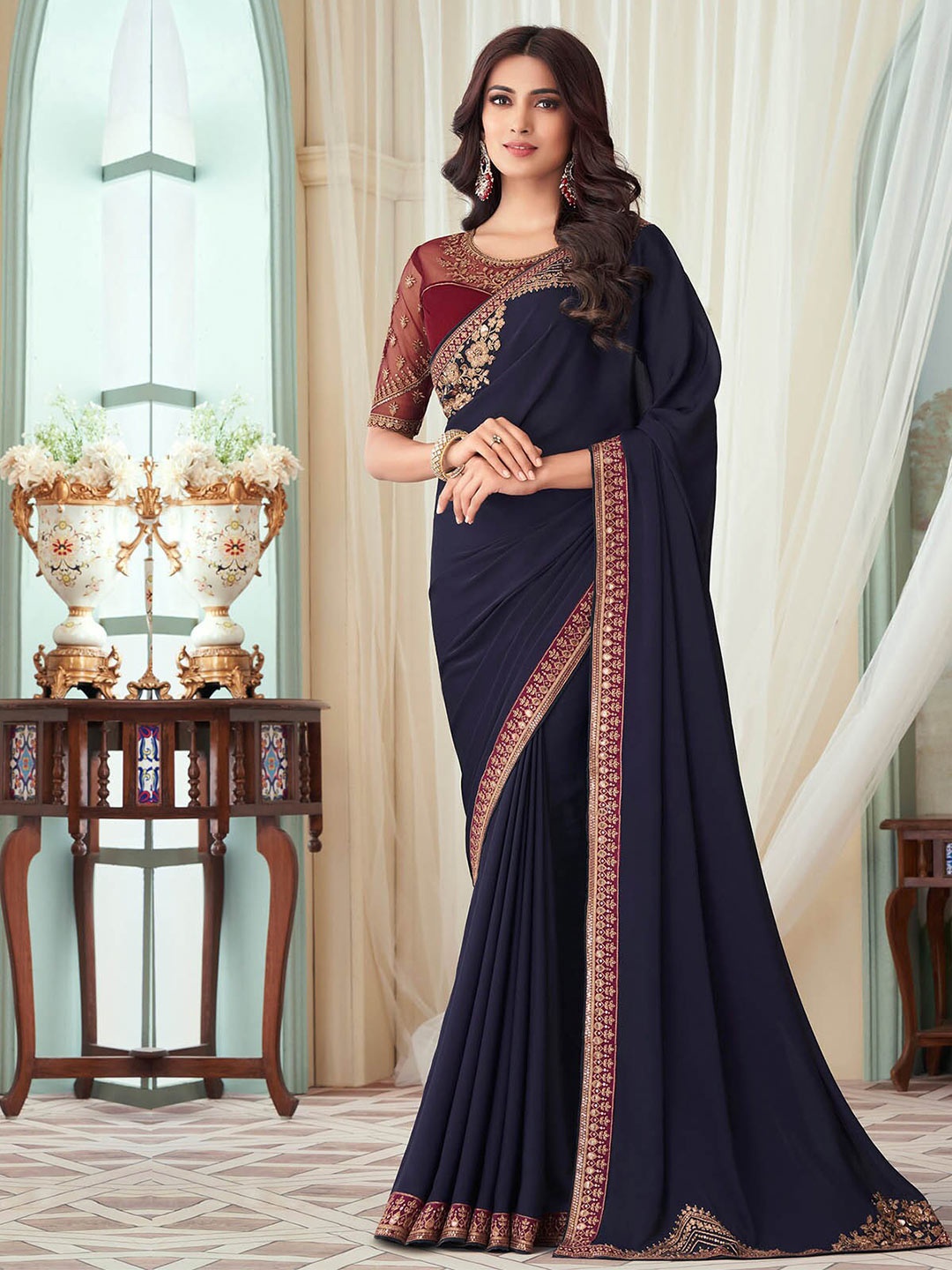 

ODETTE Embroidered Saree, Navy blue