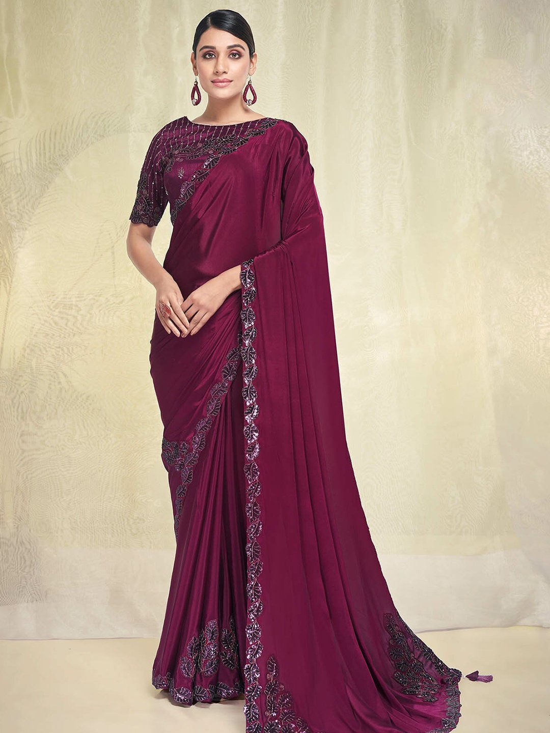 

ODETTE Embroidered Poly Georgette Saree, Maroon