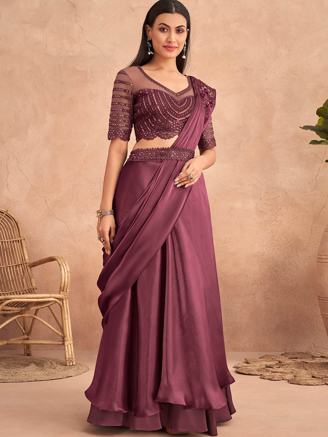 

ODETTE Embroidered Satin Lehenga Saree, Purple