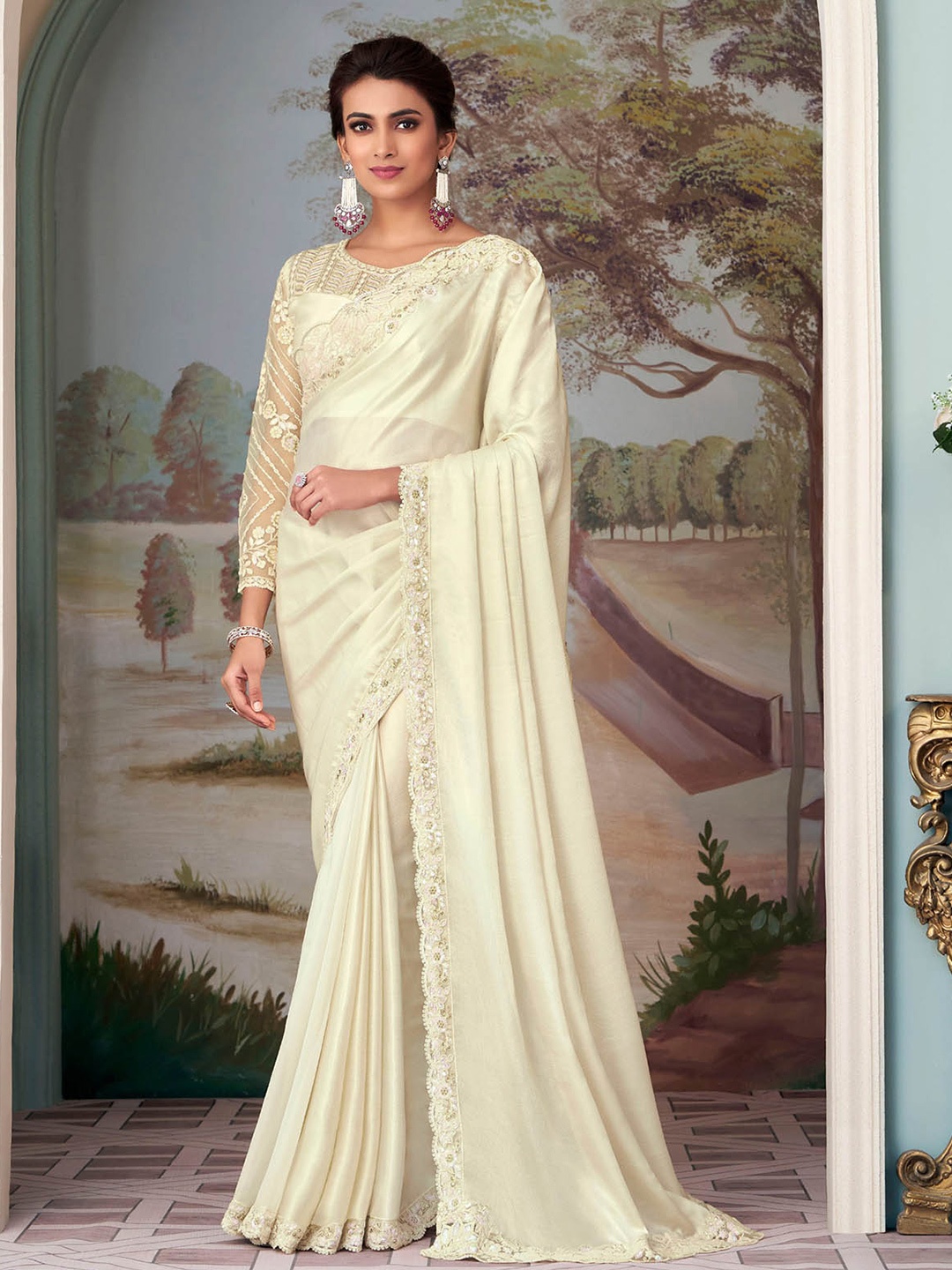 

ODETTE Border Embroidered Silk Blend Saree, Cream