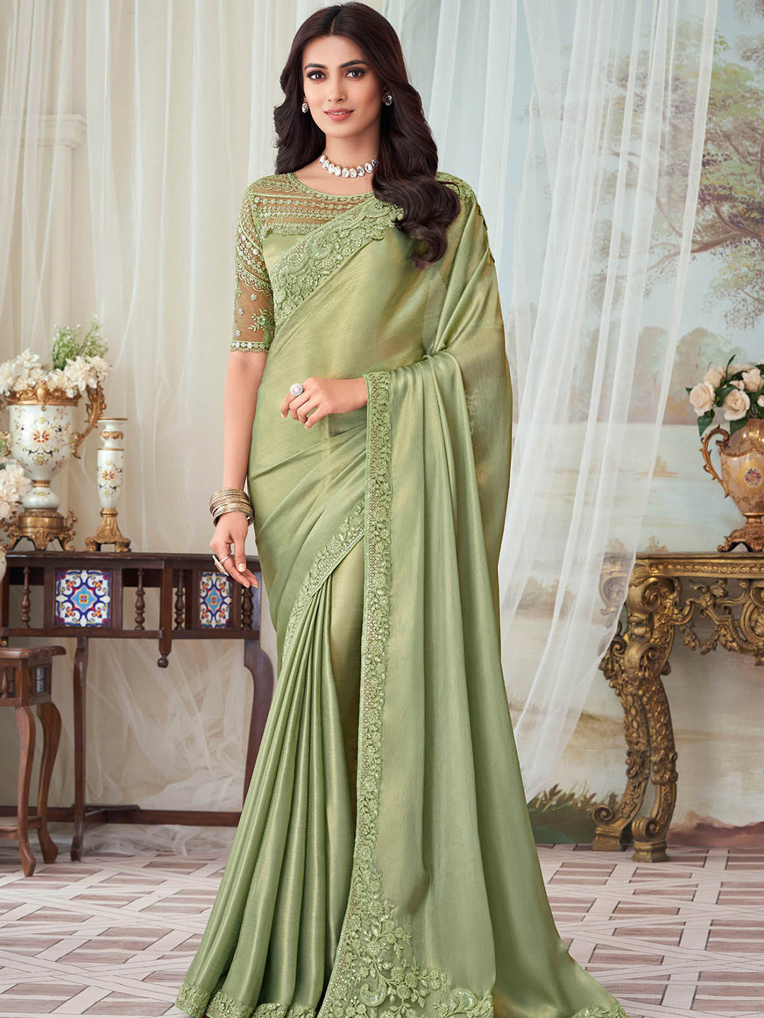 

ODETTE Embroidered Sequinned Saree, Green