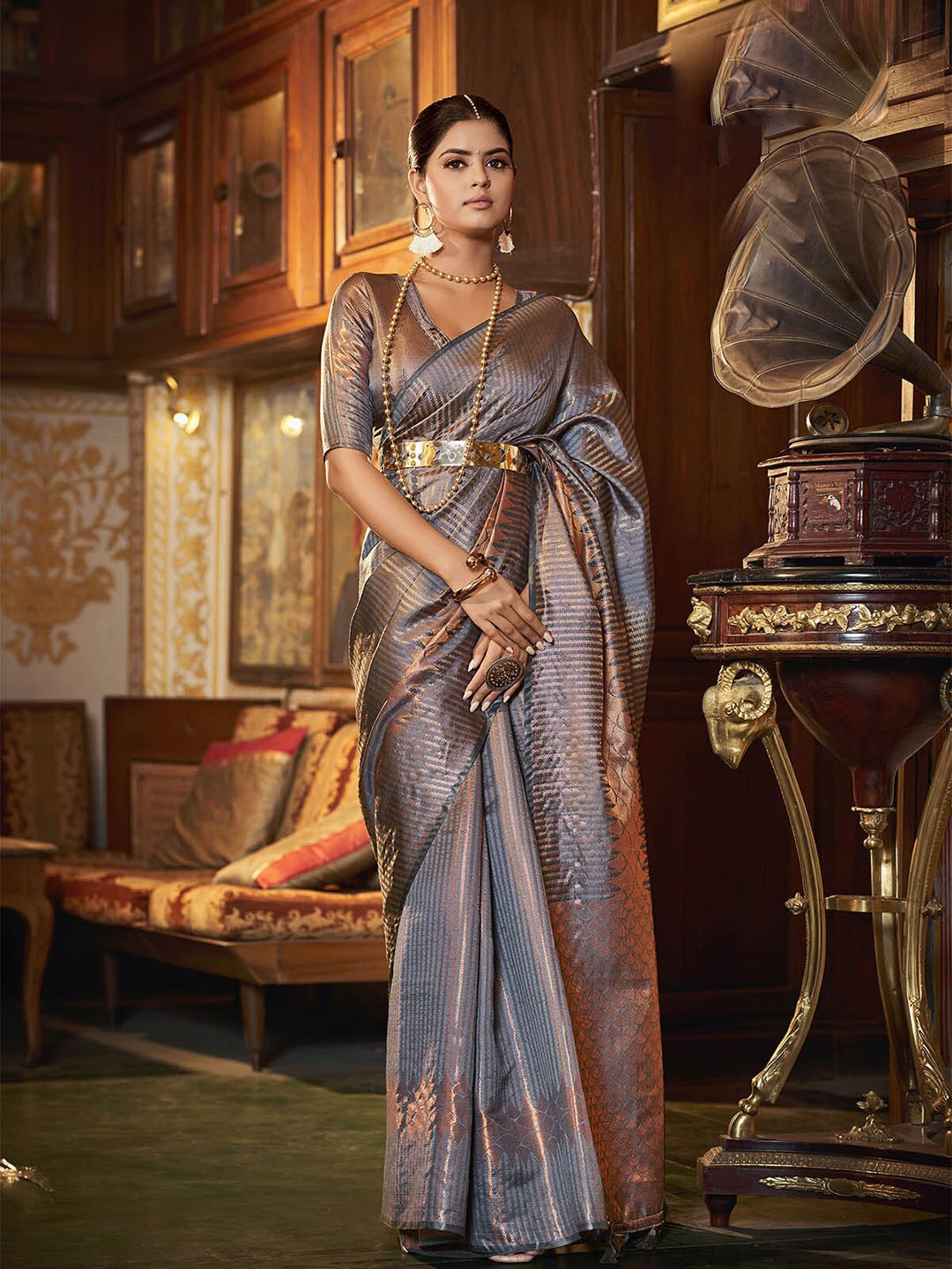 

ODETTE Ethnic Motif Woven Design Zari Saree, Grey