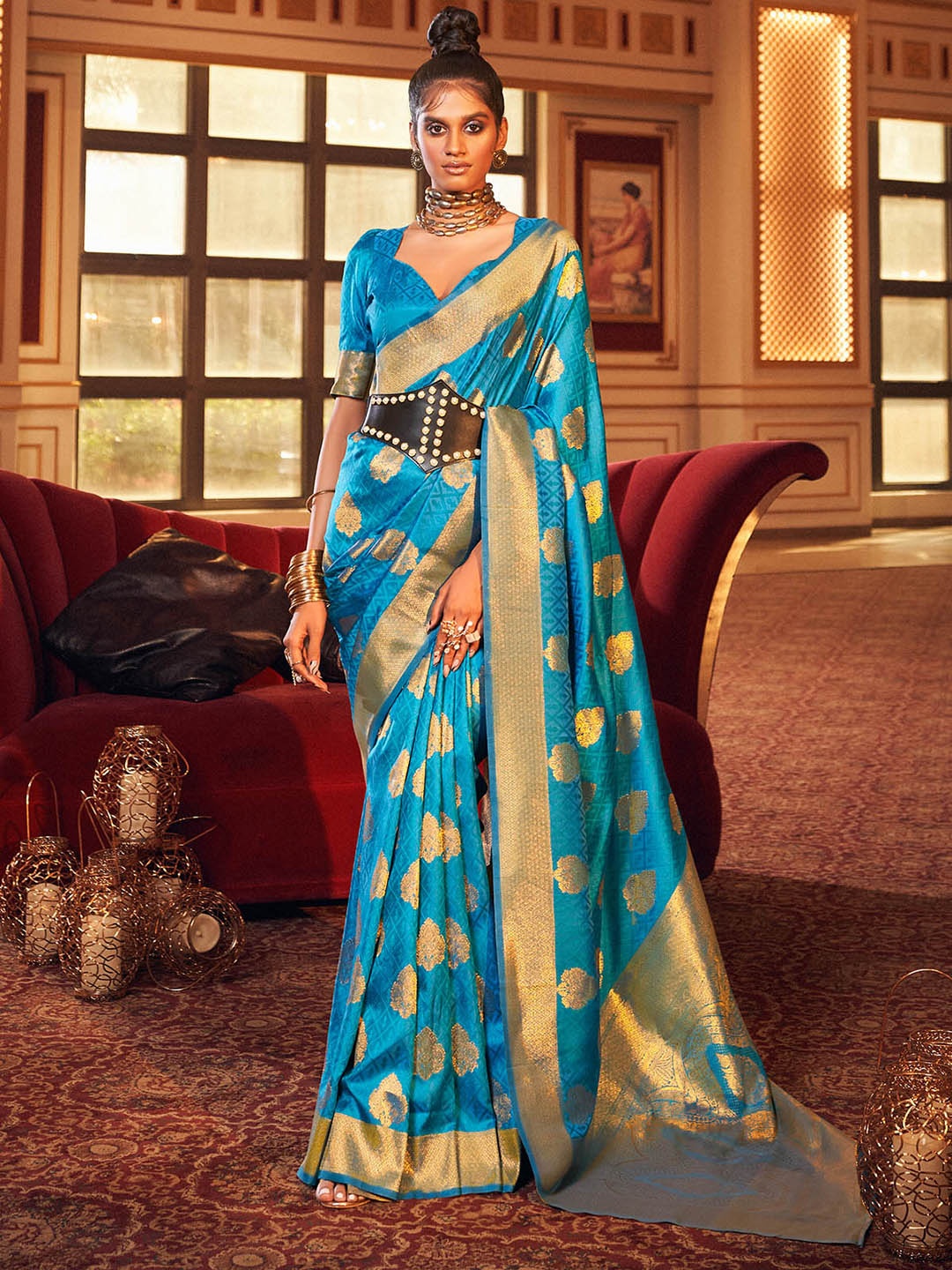 

ODETTE Ethnic Motifs Woven Design Zari Saree, Blue