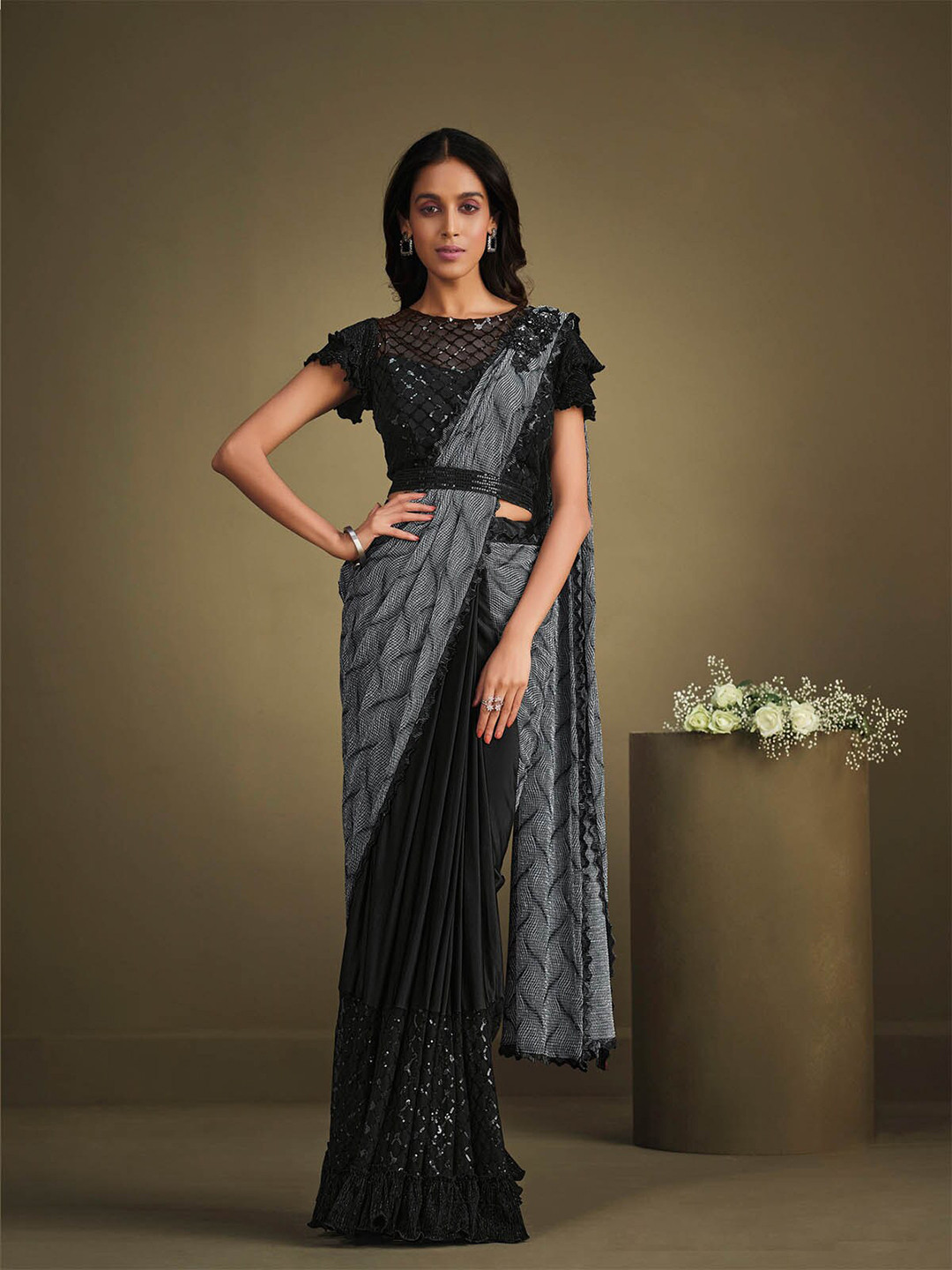 

ODETTE Sequin Embellished Poly Crepe Half and Half Saree, Grey