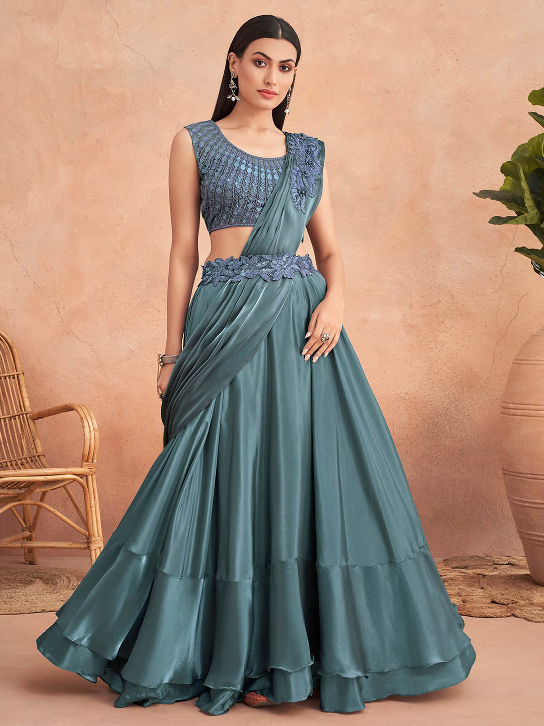 

ODETTE Embroidered Satin Ready To Wear Saree, Blue