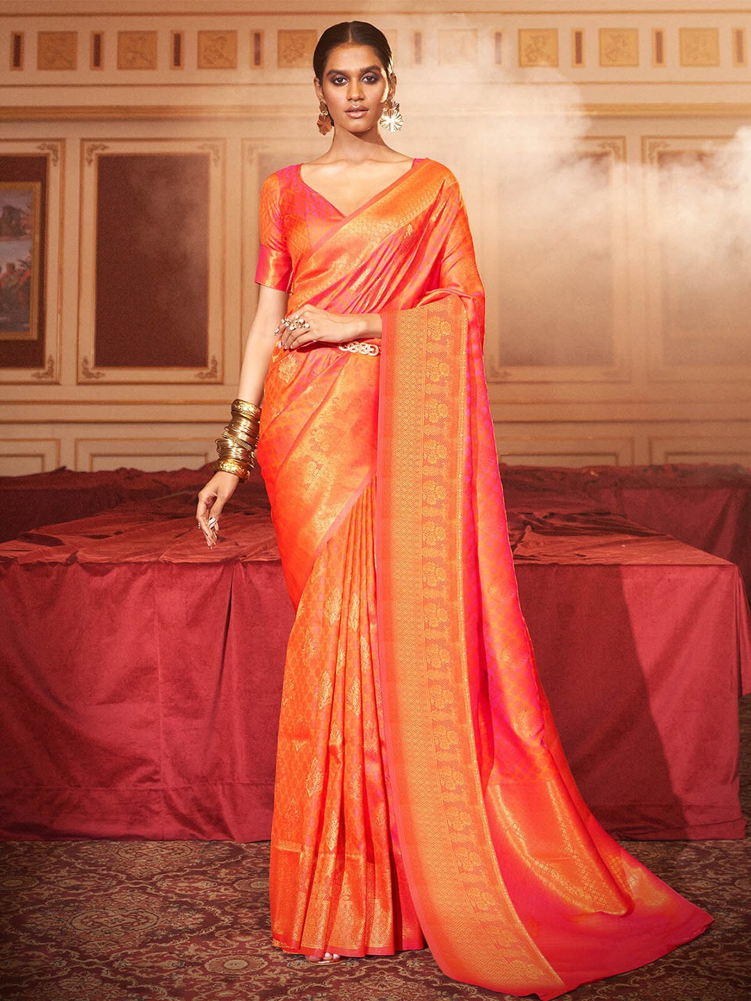 

ODETTE Ethnic Motif Woven Design Zari Saree, Orange