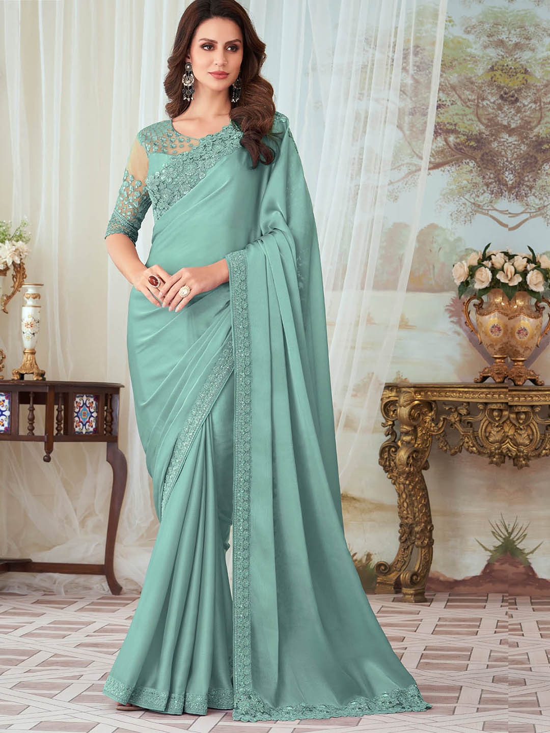 

ODETTE Sequinned Silk Blend Saree, Sea green