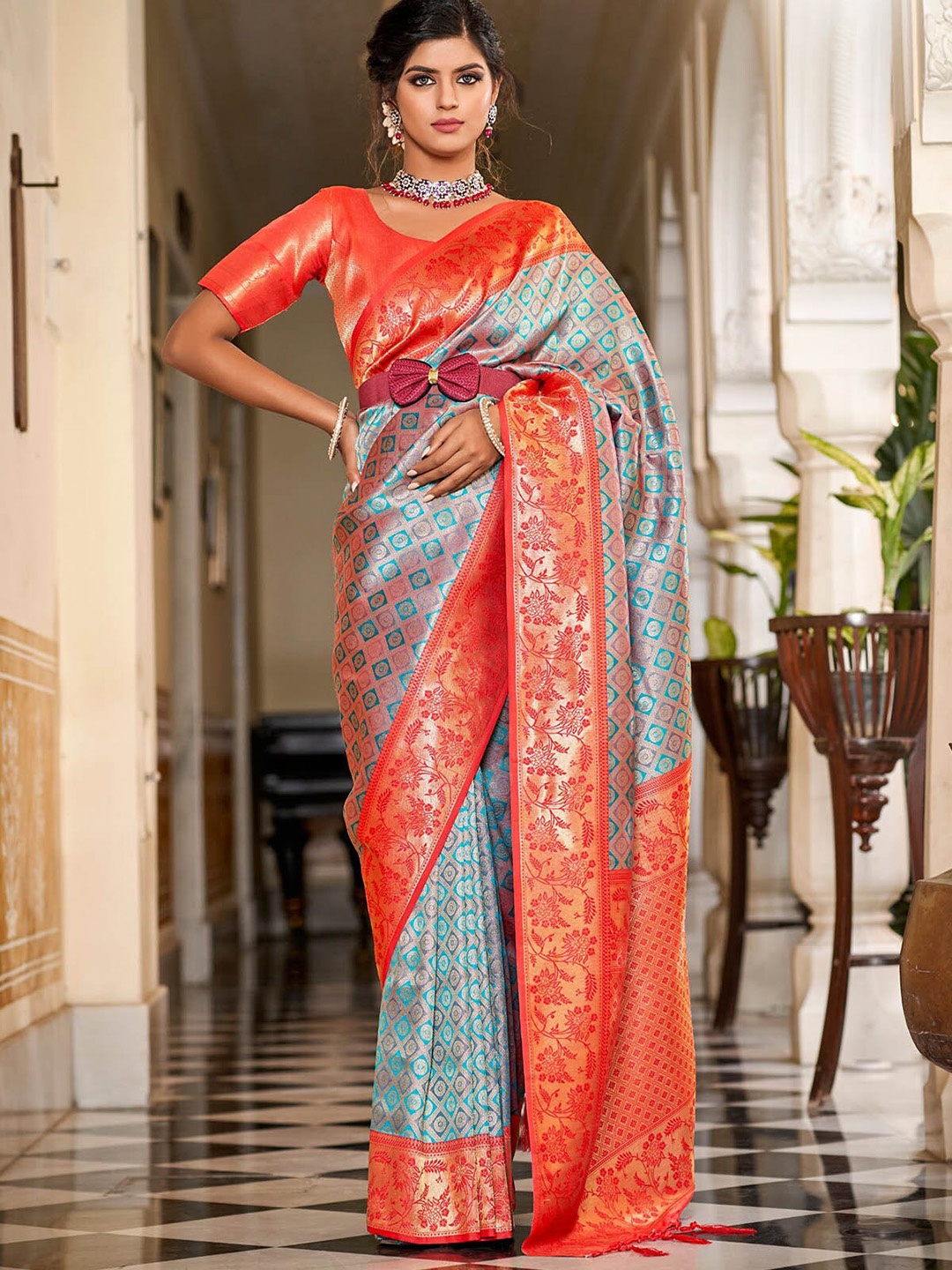 

ODETTE Ethnic Motif Woven Design Zari Saree, Blue