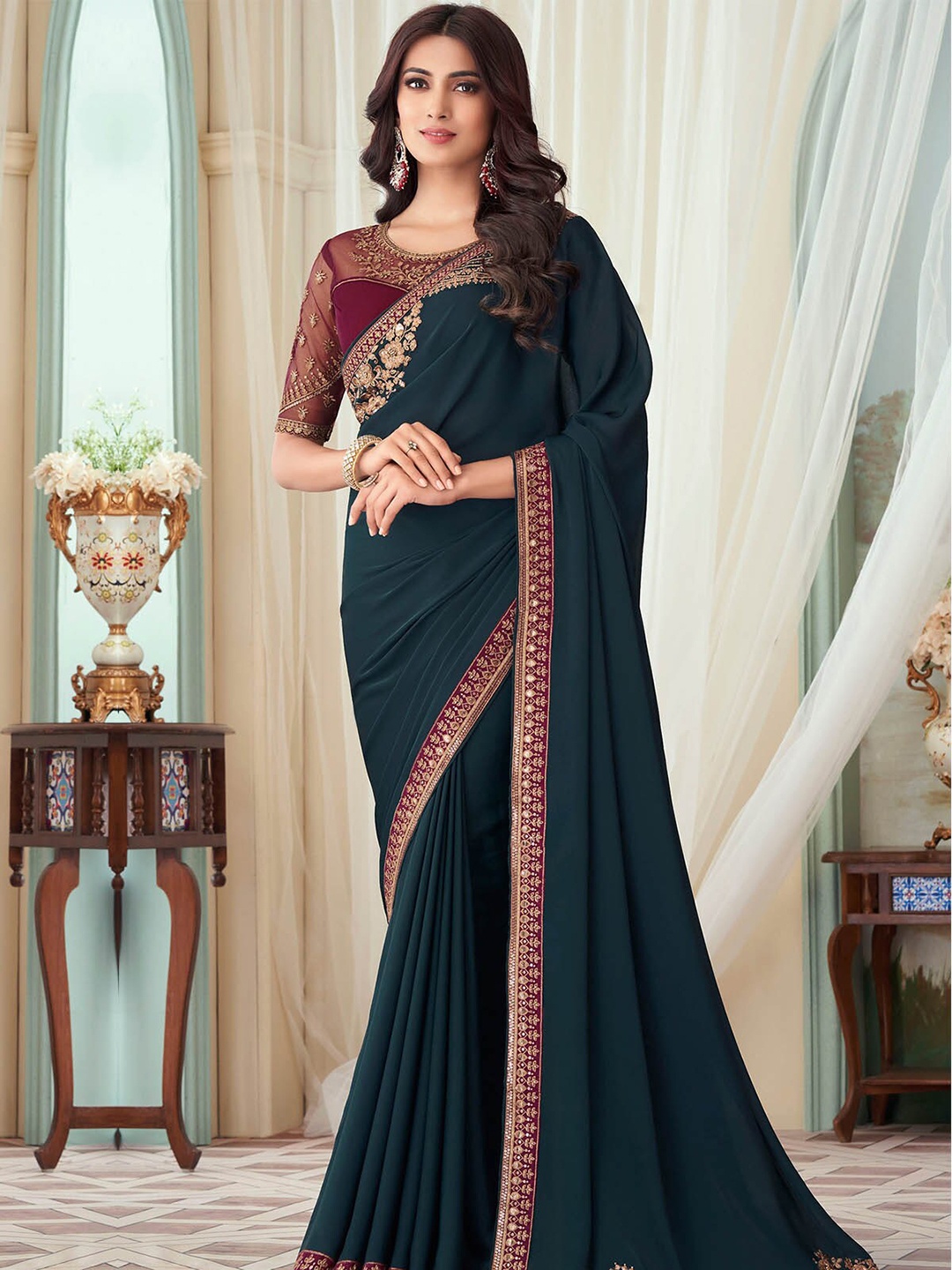

ODETTE Embroidered Festive Saree, Teal