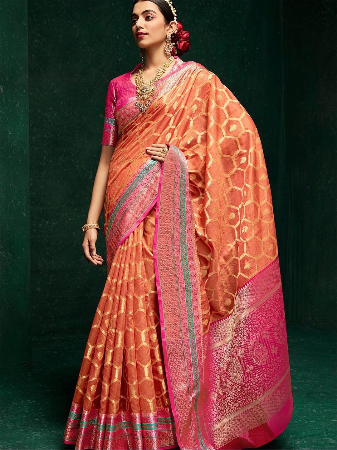 

ODETTE Woven Design Zari Silk Blend Saree, Orange