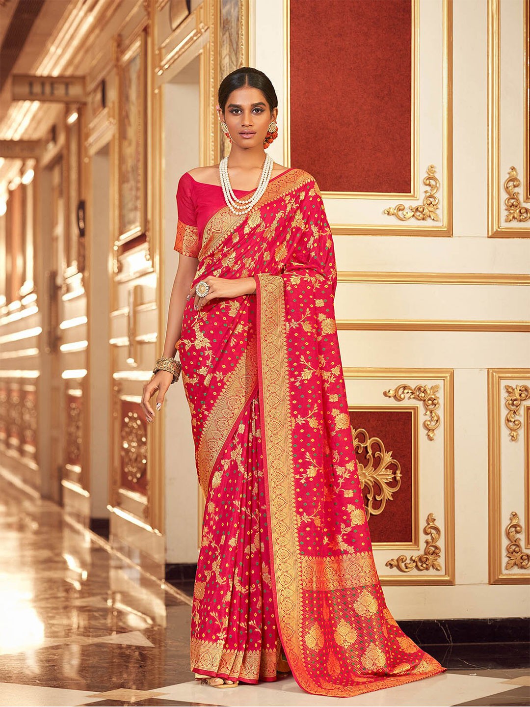

ODETTE Floral Woven Design Zari Saree, Pink