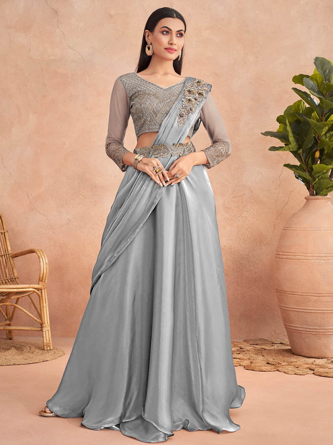 

ODETTE Embroidered Satin Lehenga Saree, Grey