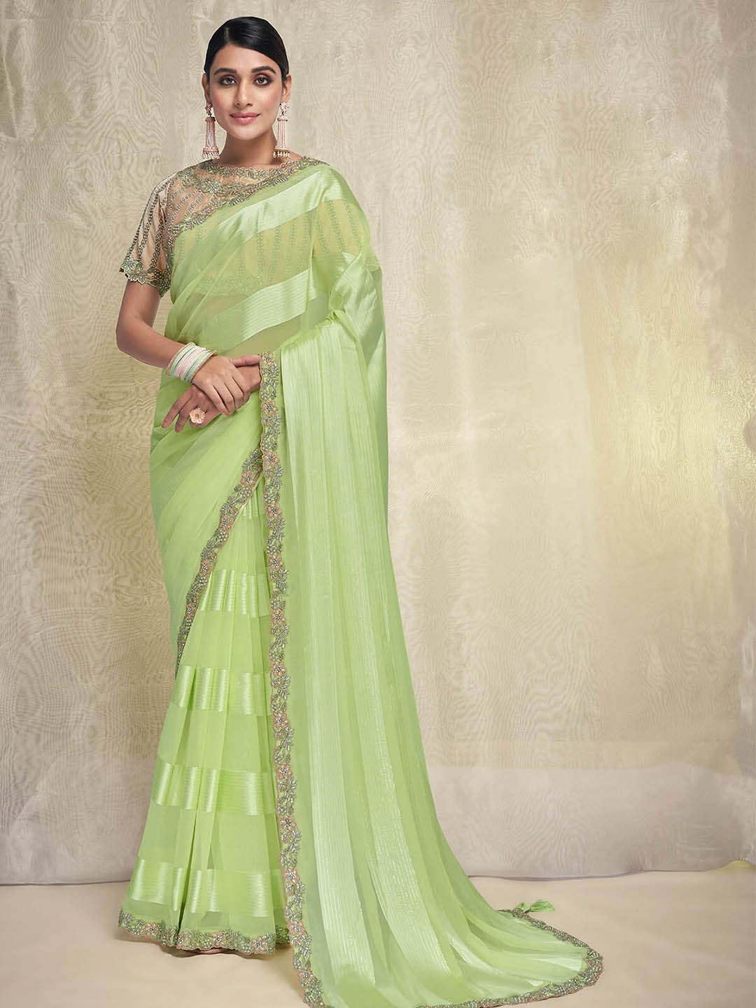 

ODETTE Striped & Floral Embroidered Poly Georgette Saree, Green